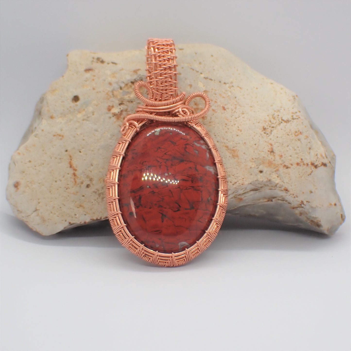 Wire Wrapped Red Jasper Cabochon & Jasper Station Chain