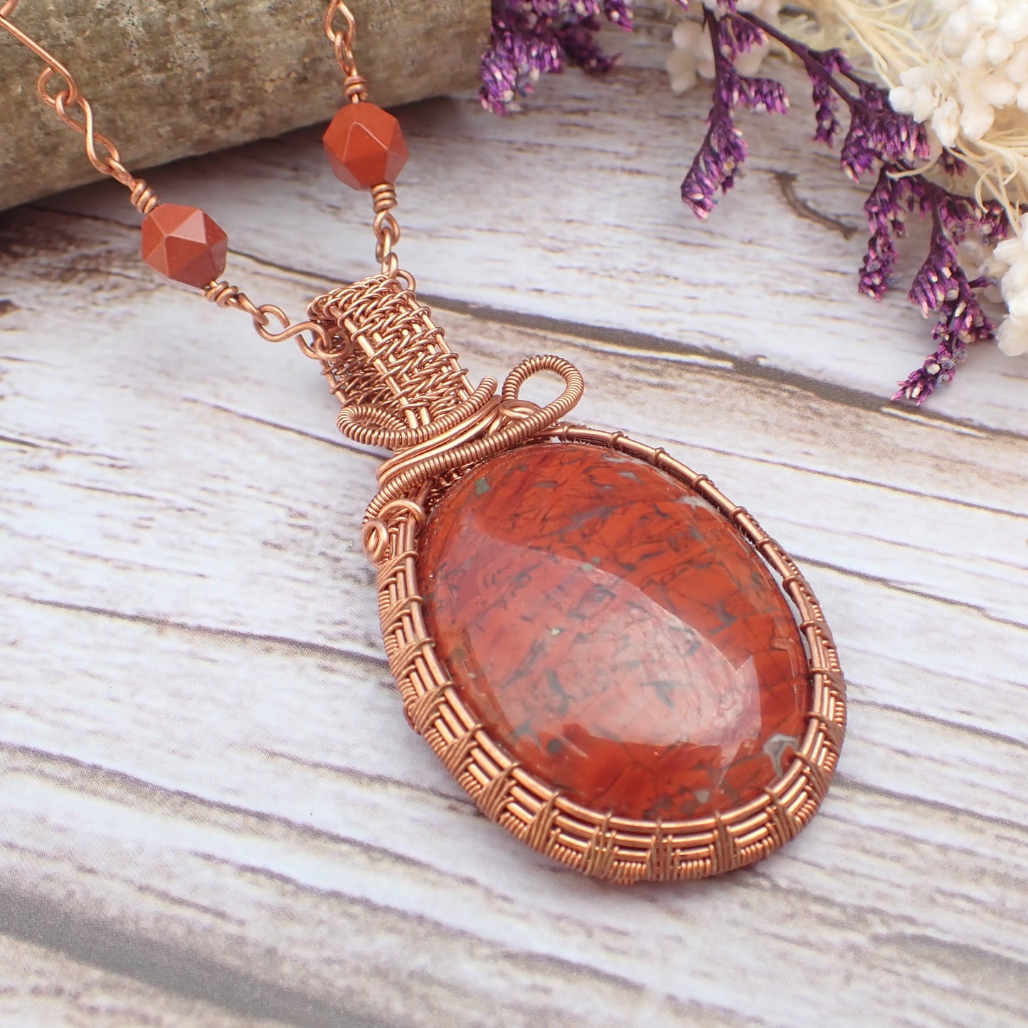 Wire Wrapped Red Jasper Cabochon & Jasper Station Chain