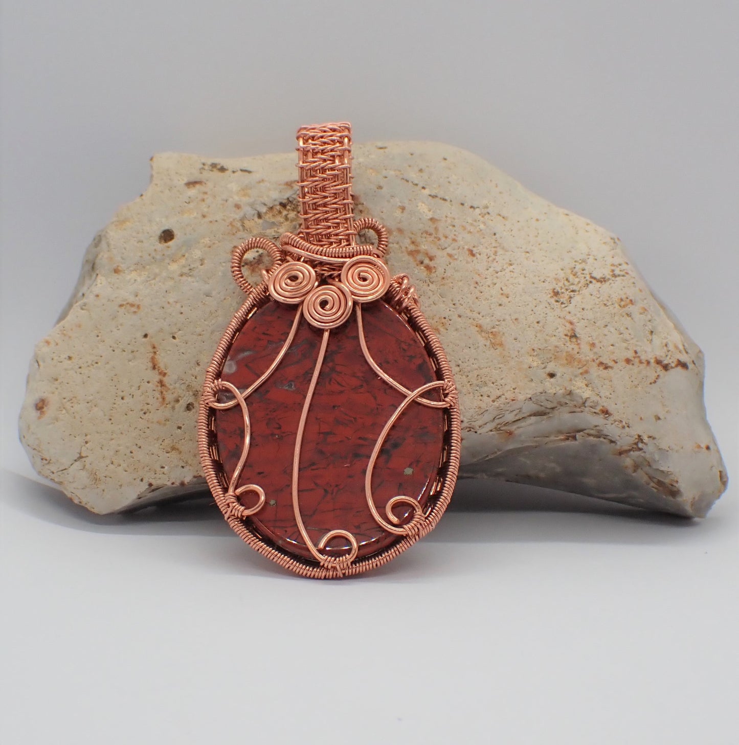 Wire Wrapped Red Jasper Cabochon & Jasper Station Chain