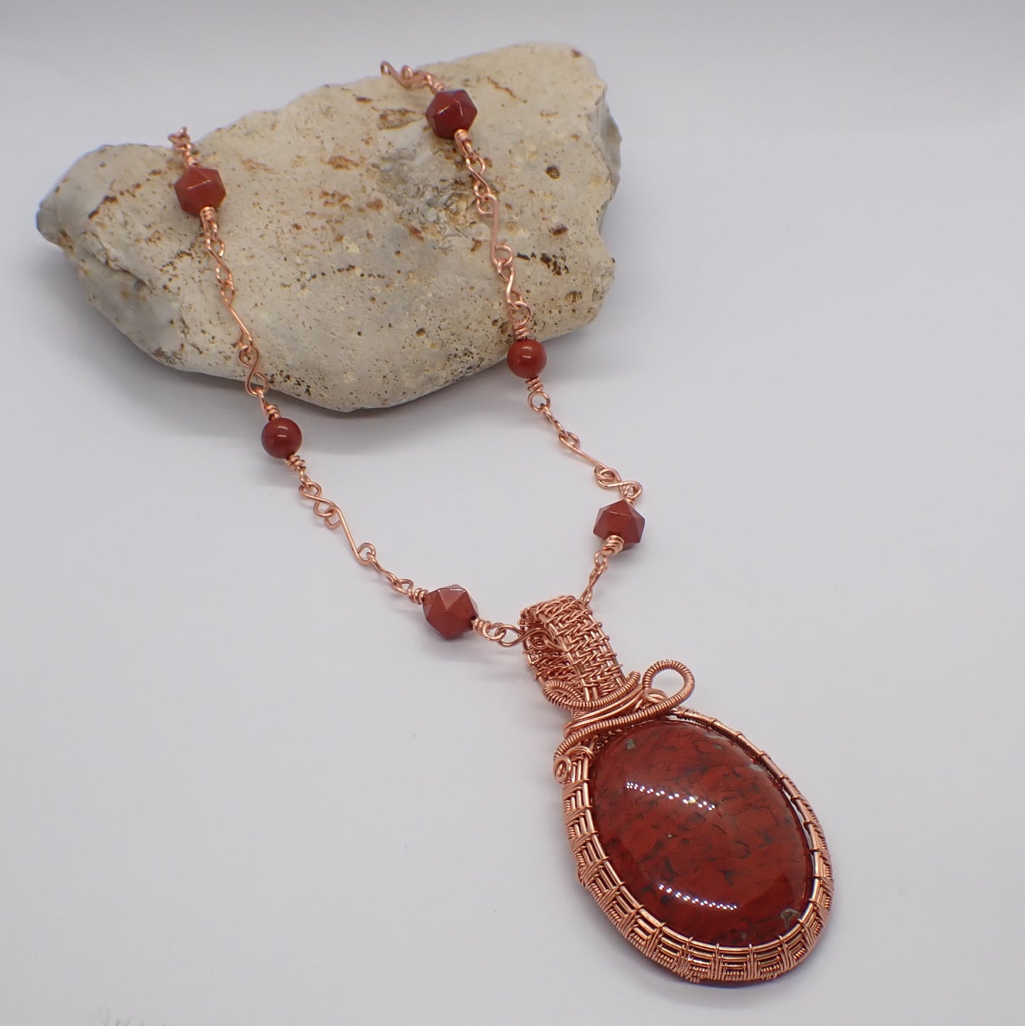 Wire Wrapped Red Jasper Cabochon & Jasper Station Chain