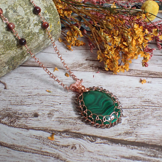 Evergreen Collection: Wire Netted Malachite Cabochon and Red Tiger's Eye Chain